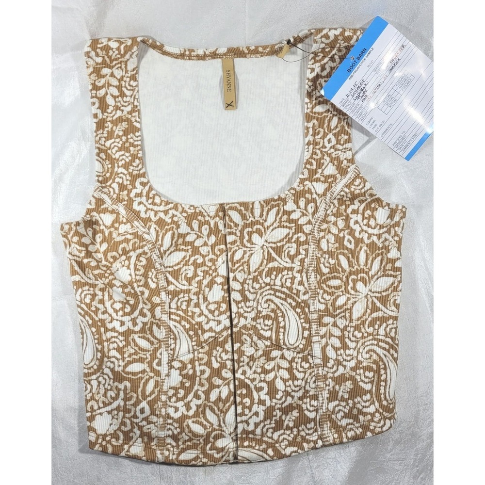 Shyanne Women's Ribbed Paisley Print‎ Crop Tank Top - Taupe - S - Sample